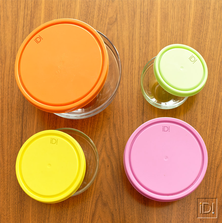 Glass containers with coloured plastic lids