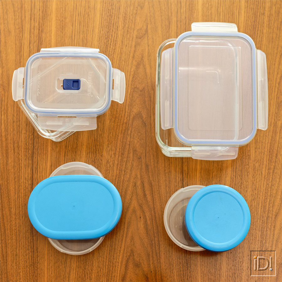 Récipients en verre et en plastique avec couvercles étanches