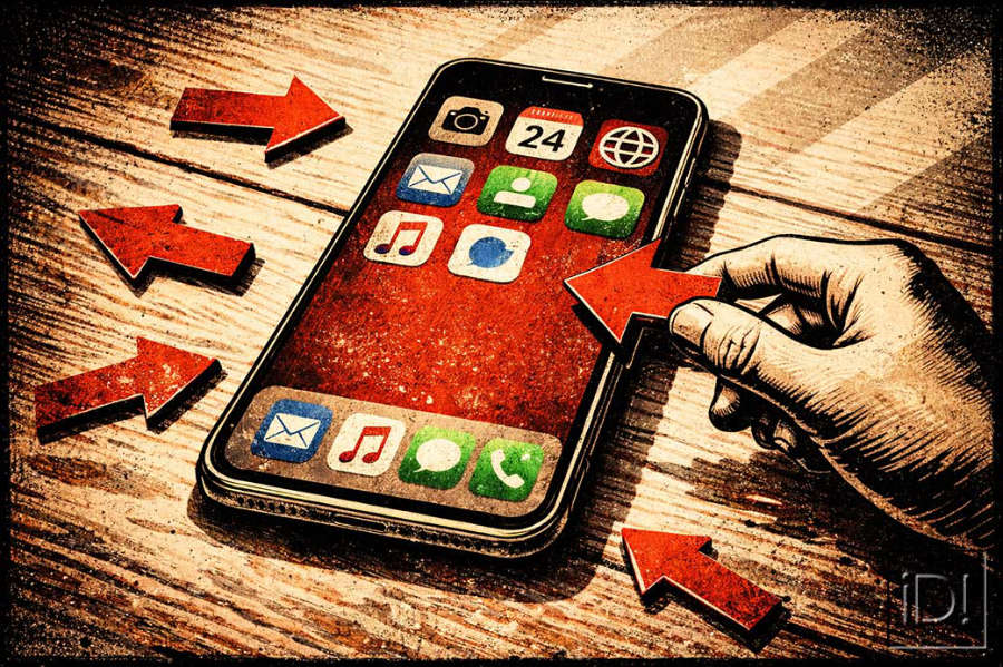 Arrows arranged around an iPhone, with a hand poised to tap the screen