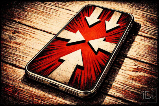 Red illustration of an iPhone with navigation arrows at the bottom of the screen