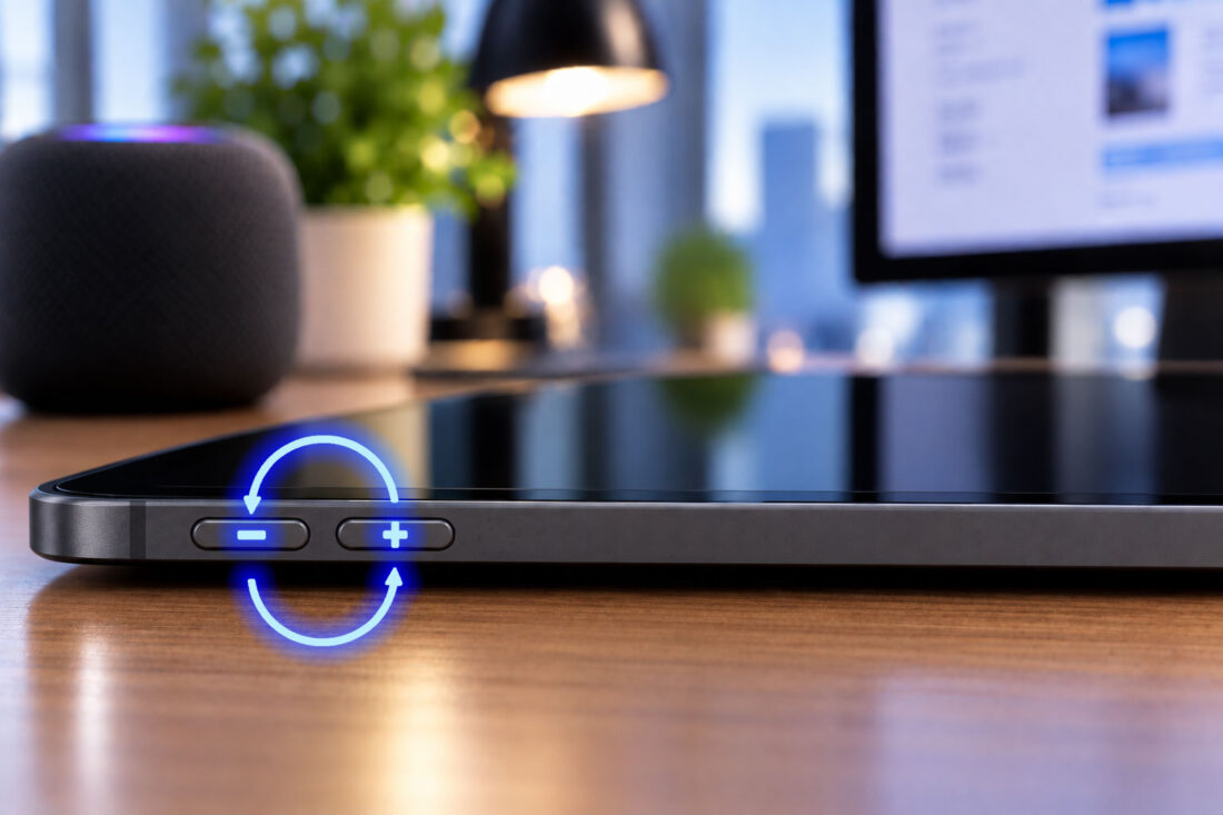 Ipad posé sur un bureau avec les boutons de volume visibles sur la tranche