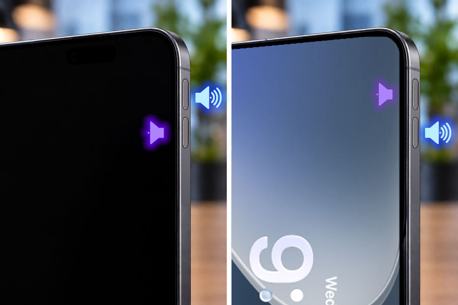 Comparatif vertical des boutons de volume de l'Ipad sur écran éteint et allumé